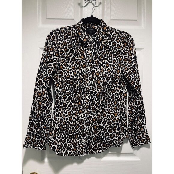 J Crew Perfect Shirt Women's Size 0 Leopard Print Long Sleeve Button Up Cotton - Picture 1 of 5